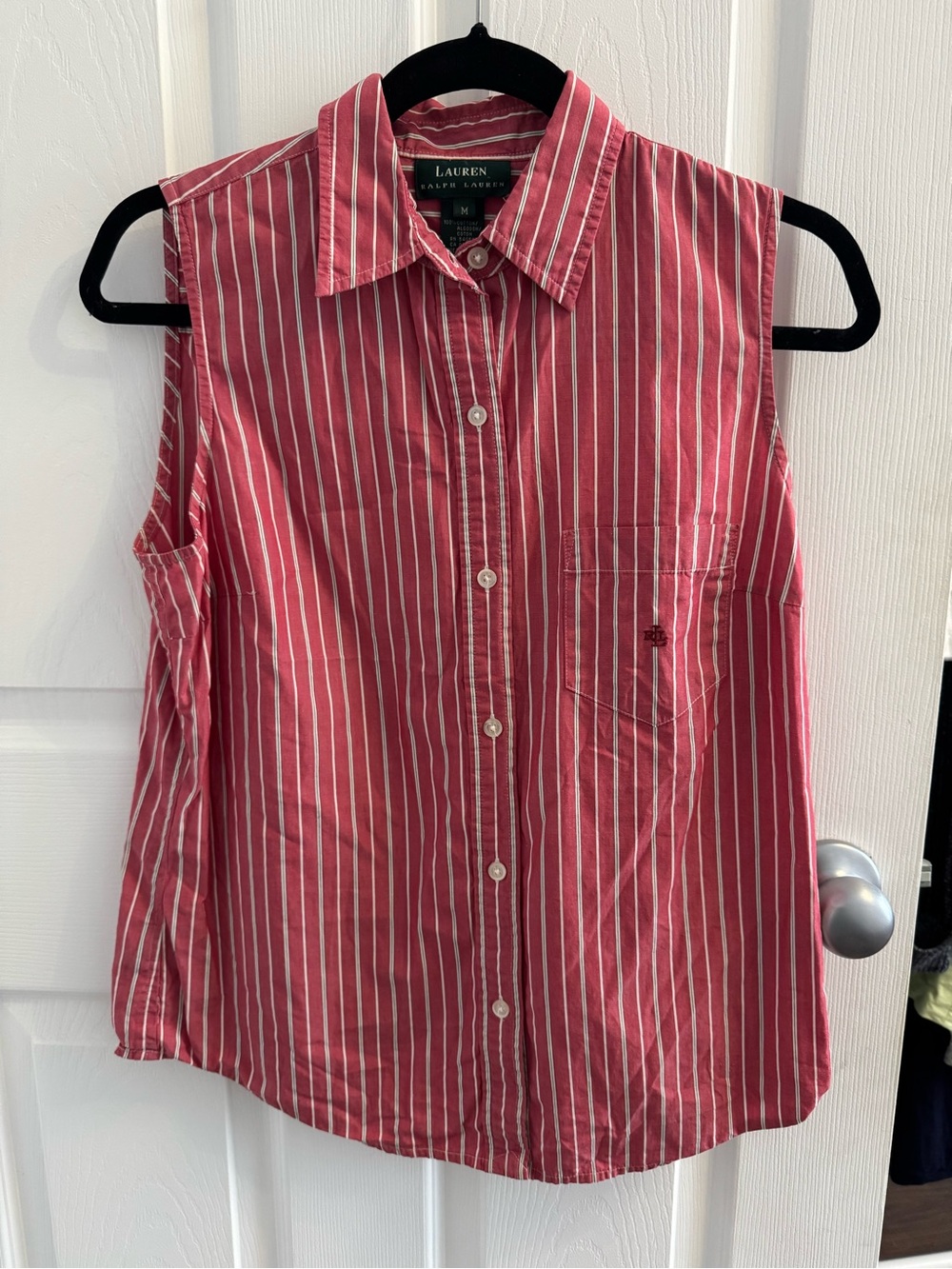Ralph Lauren Sleeveless Red and White Striped Button-Down Shirt